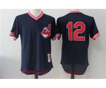 Men's Cleveland Indians #12 Francisco Lindor Navy Blue Throwback Mesh Batting Practice Stitched MLB Mitchell & Ness Jersey