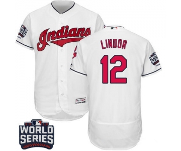 Men's Cleveland Indians #12 Francisco Lindor White Home 2016 World Series Patch Stitched MLB Majestic Flex Base Jersey