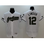 Men's Cleveland Indians #12 Francisco Lindor White With Green Memorial Day Stitched MLB Majestic Flex Base Jersey