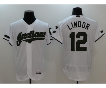 Men's Cleveland Indians #12 Francisco Lindor White With Green Memorial Day Stitched MLB Majestic Flex Base Jersey