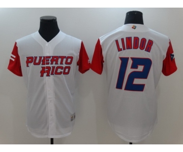 Men's Puerto Rico Baseball #12 Francisco Lindor Majestic White 2017 World Baseball Classic Stitched Authentic Jersey