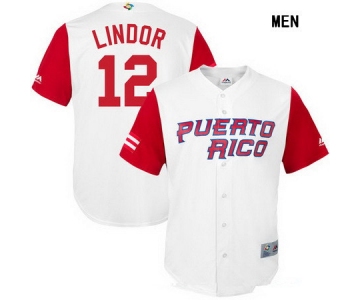 Men's Puerto Rico Baseball #12 Francisco Lindor Majestic White 2017 World Baseball Classic Stitched Replica Jersey