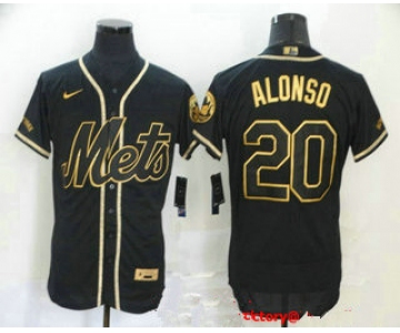Men's New York Mets #20 Pete Alonso Black With Gold Stitched MLB Flex Base Nike Jersey