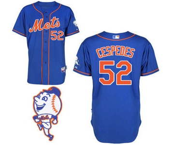 Men's New York Mets #52 Yoenis Cespedes Alternate Blue with Orange MLB Cool Base Jersey With 2015 Mr. Met Patch