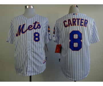 New York Mets #8 Gary Carter White Pinstripe Cool Base Jersey