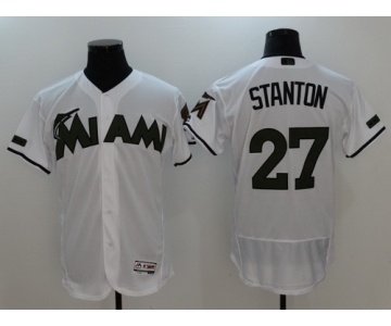 Men's Miami Marlins #27 Giancarlo Stanton Whtie With Green Memorial Day Stitched MLB Majestic Flex Base Jersey