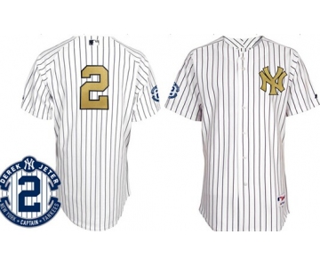New York Yankees #2 Derek Jeter White With Gold Retirement Patch Jersey
