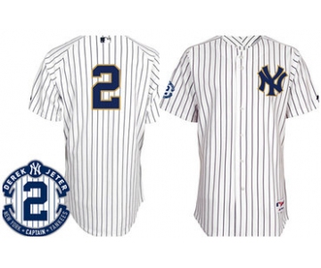 New York Yankees #2 Derek Jeter White With Navy Blue Retirement Patch Jersey