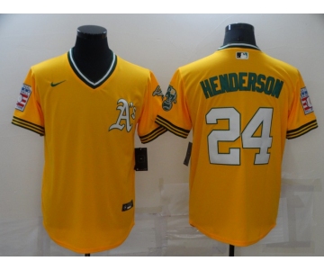 Men's Oakland Athletics #24 Rickey Henderson Yellow Nike Throwback Cool Base Jersey