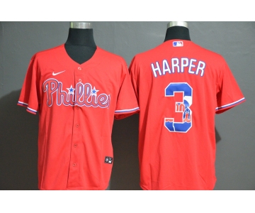 Men's Philadelphia Phillies #3 Bryce Harper Red White Team Logo Stitched MLB Cool Base Nike Jersey
