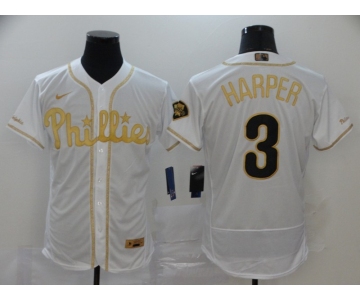 Men's Philadelphia Phillies #3 Bryce Harper White Golden Stitched MLB Flex Base Nike Jersey