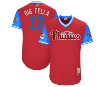 Men's Philadelphia Phillies 17 Rhys Hoskins Big Fella Majestic Scarlet 2018 MLB Little League Classic Authentic Jersey