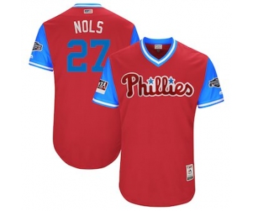 Men's Philadelphia Phillies 27 Aaron Nola Nols Majestic Scarlet 2018 MLB Little League Classic Authentic Jersey