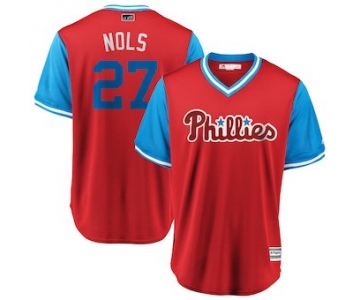 Men's Philadelphia Phillies 27 Aaron Nola Nols Majestic Scarlet 2018 Players' Weekend Cool Base Jersey