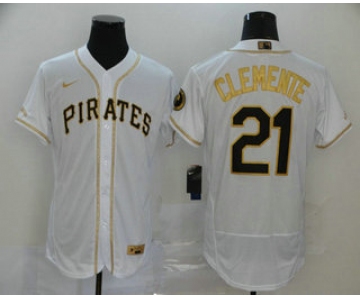 Men's Pittsburgh Pirates #21 Roberto Clemente White With Gold Stitched MLB Flex Base Nike Jersey