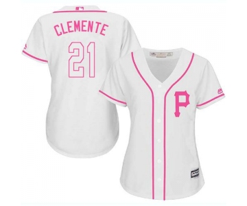 Pirates #21 Roberto Clemente White Pink Fashion Women's Stitched Baseball Jersey