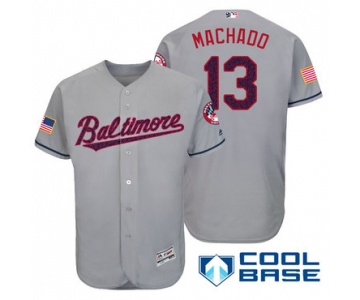 Men's Baltimore Orioles #13 Manny Machado Gray Stars & Stripes Fashion Independence Day Stitched MLB Majestic Cool Base Jersey