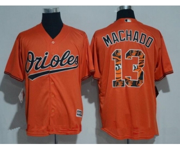 Men's Baltimore Orioles #13 Manny Machado Orange Team Logo Ornamented Stitched MLB Majestic Cool Base Jersey
