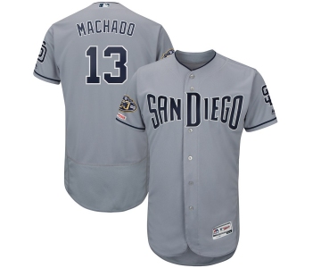 Men's San Diego Padres 13 Manny Machado Gray 50th Anniversary and 150th Patch FlexBase Jersey