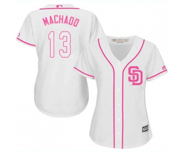 Padres #13 Manny Machado White Pink Fashion Women's Stitched Baseball Jersey