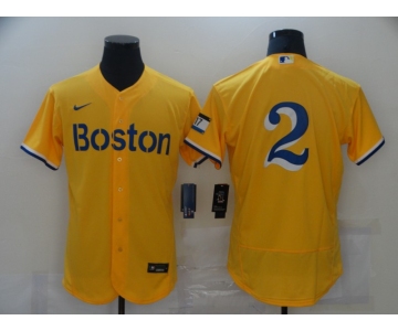 Men's Boston Red Sox #2 Xander Bogaerts Gold 2021 City Connect Stitched MLB Flex Base Nike Jerseys