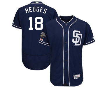 Men's San Diego Padres 18 Austin Hedges Navy 50th Anniversary and 150th Patch FlexBase Jersey