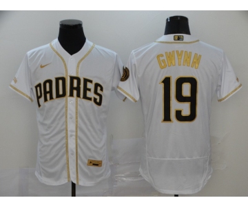 Men's San Diego Padres #19 Tony Gwynn White With Gold Stitched MLB Flex Base Nike Jersey