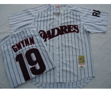 San Diego Padres #19 Tony Gwynn 1987 White Pinstripe Throwback Jersey