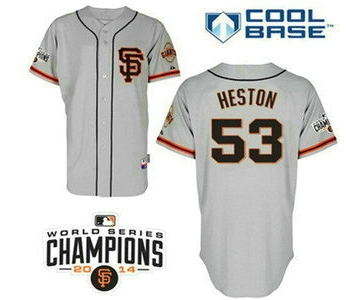Men's San Francisco Giants #53 Chris Heston Alternate Gray SF Stitched MLB Cool Base Jersey With 2014 World Series Champions Patch