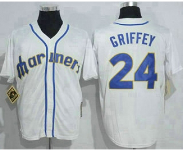 Men's Seattle Mariners #24 Ken Griffey White Throwback Mitchell And Ness Stitched MLB Jersey