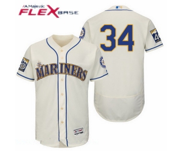 Men's Seattle Mariners #34 Felix Hernandez Cream 40TH Patch Stitched MLB Majestic Flex Base Jersey