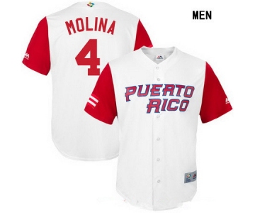 Men's Puerto Rico Baseball #4 Yadier Molina Majestic White 2017 World Baseball Classic Stitched Replica Jersey