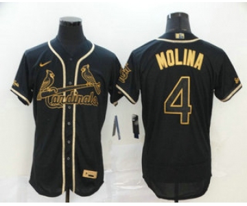 Men's St. Louis Cardinals #4 Yadier Molina Black Golden Stitched MLB Flex Base Nike Jersey