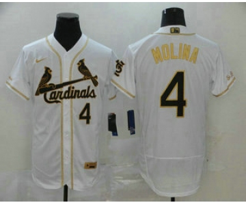Men's St. Louis Cardinals #4 Yadier Molina White With Gold Stitched MLB Flex Base Nike Jersey