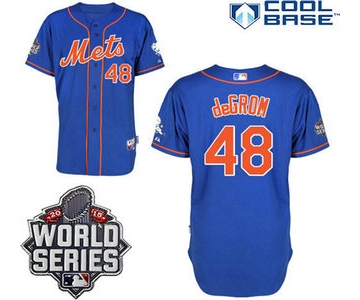 New York Mets Authentic #48 Jacob deGrom Alternate Home Blue Orange Jersey with 2015 World Series Patch