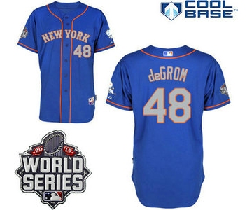 New York Mets Authentic #48 Jacob deGrom Alternate Road Blue Gray Jersey with 2015 World Series Patch