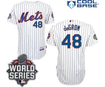 New York Mets Authentic #48 Jacob deGrom Home White Pinstripe Jersey with 2015 World Series Patch