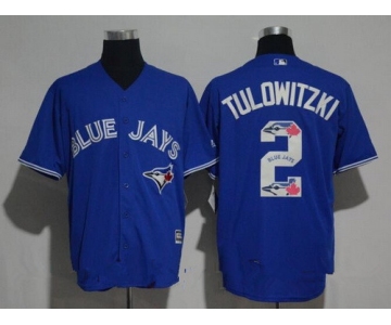 Men's Toronto Blue Jays #2 Troy Tulowitzki Royal Blue Team Logo Ornamented Stitched MLB Majestic Cool Base Jersey