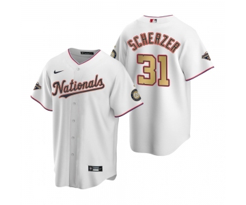 Men's Washington Nationals #31 Max Scherzer White Gold 2019 World Series Champions Stitched MLB Cool Base Nike Jersey