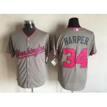 Men's Washington Nationals #34 Bryce Harper Gray With Pink 2016 Mother's Day Baseball Cool Base Jersey