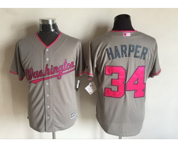 Men's Washington Nationals #34 Bryce Harper Gray With Pink 2016 Mother's Day Baseball Cool Base Jersey