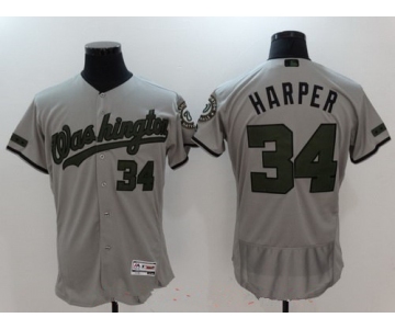 Men's Washington Nationals #34 Bryce Harper Gray with Green Memorial Day Stitched MLB Majestic Flex Base Jersey